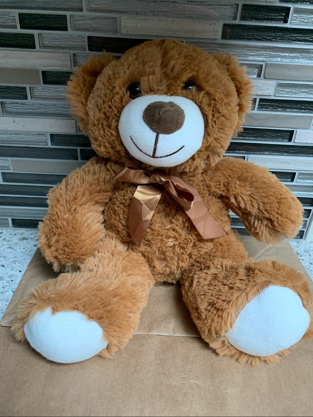 Cute Plush Brown Teddy Bear w/Ribbon - Soft Stuffed Animal.Pre-Owned. Tall:10in.